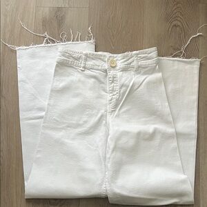 Zara White Wide-Leg Frayed Hem Jeans